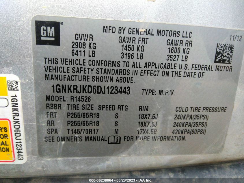2013 CHEVROLET TRAVERSE LT - 1GNKRJKD6DJ123443