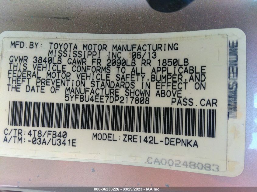 2013 TOYOTA COROLLA L/LE/S - 5YFBU4EE7DP217808