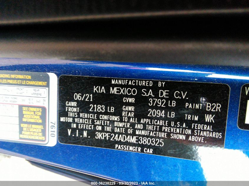 2021 KIA FORTE LXS - 3KPF24AD4ME380325