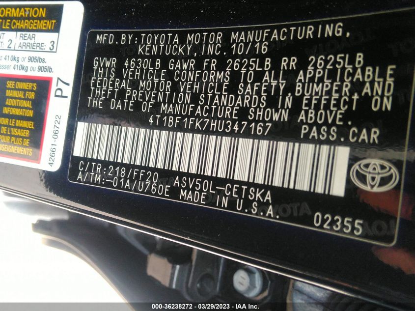 2017 TOYOTA CAMRY XLE/SE/LE/XSE - 4T1BF1FK7HU347167