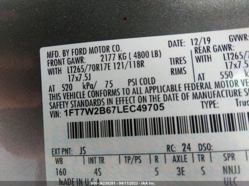 2020 FORD SUPER DUTY F-250 SRW XL/XLT/LARIAT - 1FT7W2B67LEC49705