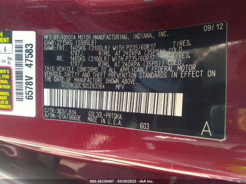 2013 TOYOTA SIENNA XLE AAS/XLE/LTD - 5TDYK3DC1DS293364