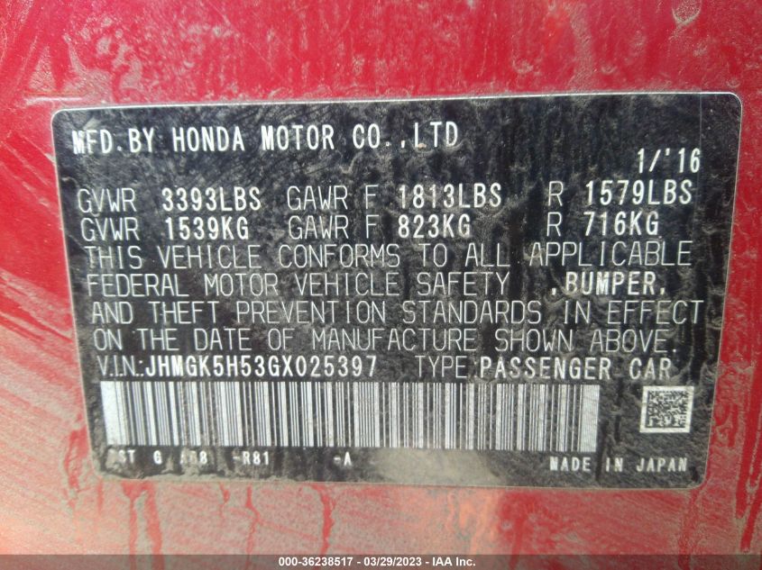 2016 HONDA FIT LX - JHMGK5H53GX025397