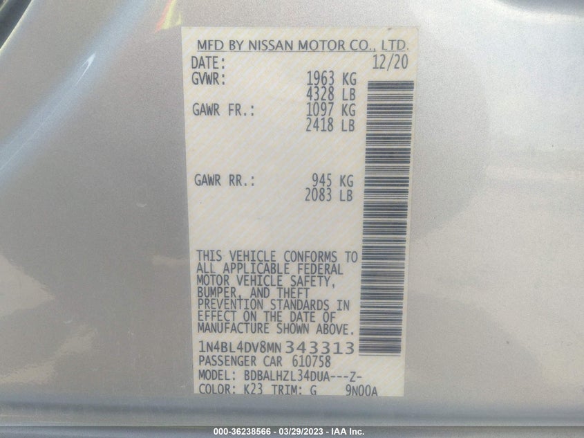 VIN 1N4BL4DV8MN343313 2021 NISSAN ALTIMA 2.5 SV