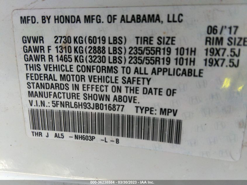2018 HONDA ODYSSEY ELITE 5FNRL6H93JB016877