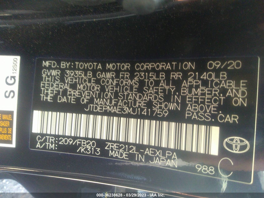 VIN JTDEPMAE3MJ141759 2021 TOYOTA COROLLA LE
