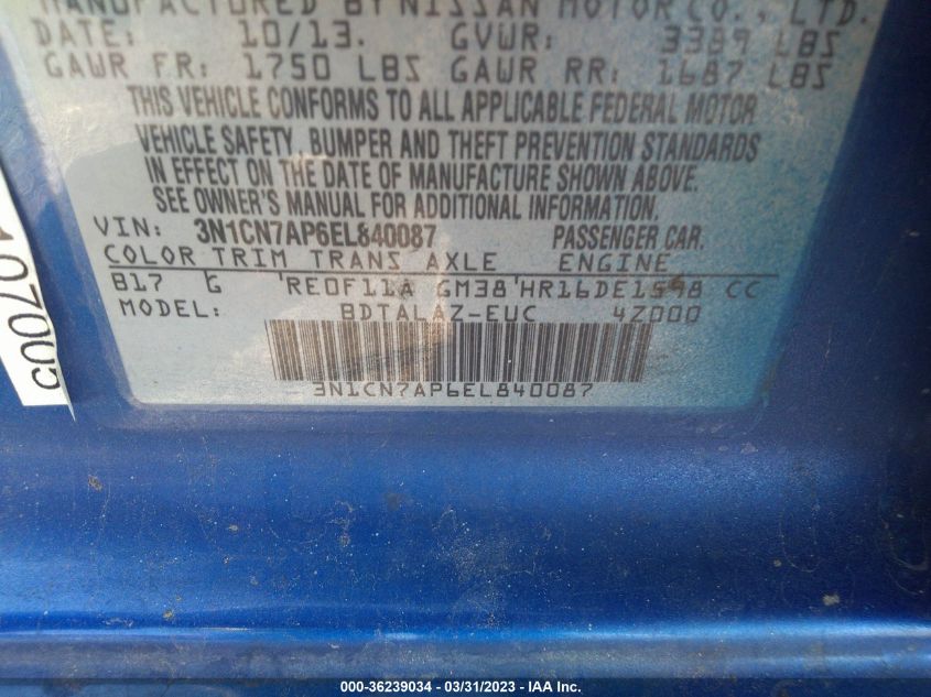 2014 NISSAN VERSA S PLUS - 3N1CN7AP6EL840087