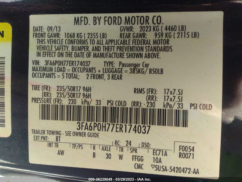 2014 FORD FUSION SE - 3FA6P0H77ER174037