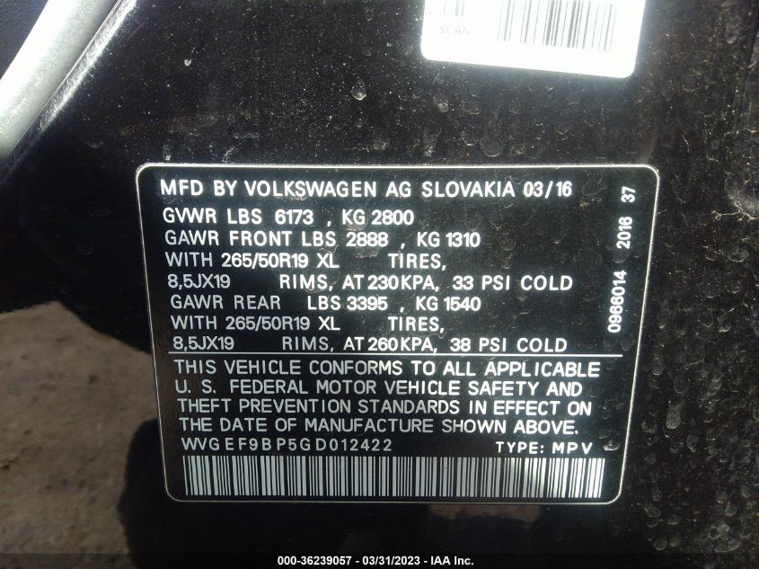 2016 VOLKSWAGEN TOUAREG LUX - WVGEF9BP5GD012422
