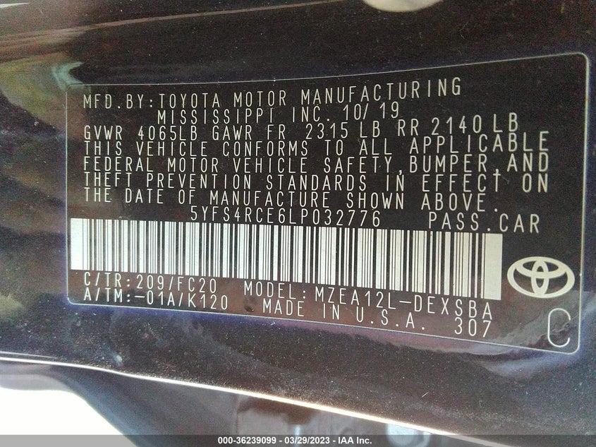 VIN 5YFS4RCE6LP032776 2020 TOYOTA COROLLA SE/NIGHTSHADE