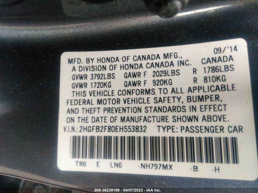 2014 HONDA CIVIC SEDAN EX - 2HGFB2F80EH553832