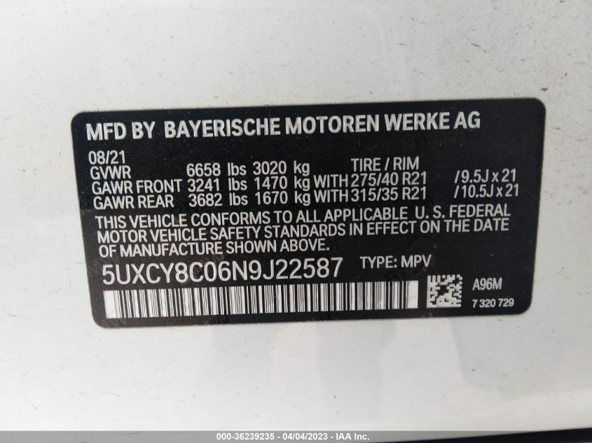 2022 BMW X6 M50I - 5UXCY8C06N9J22587