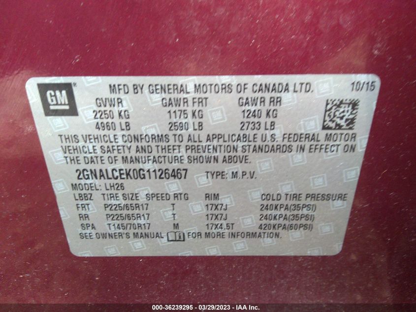 2016 CHEVROLET EQUINOX LT - 2GNALCEK0G1126467