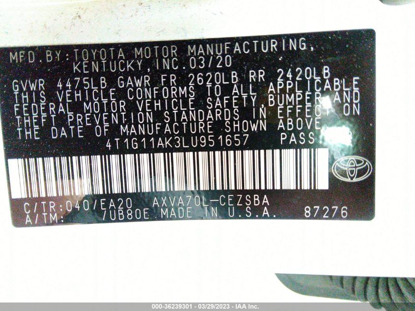 2020 TOYOTA CAMRY SE - 4T1G11AK3LU951657