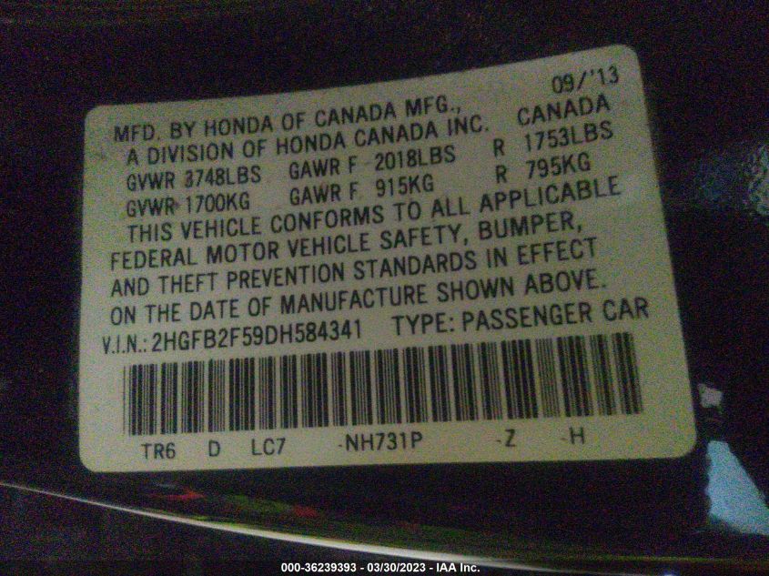 2013 HONDA CIVIC SDN LX - 2HGFB2F59DH584341