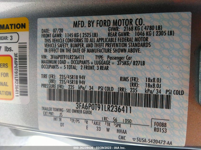 2020 FORD FUSION SE - 3FA6P0T91LR236411