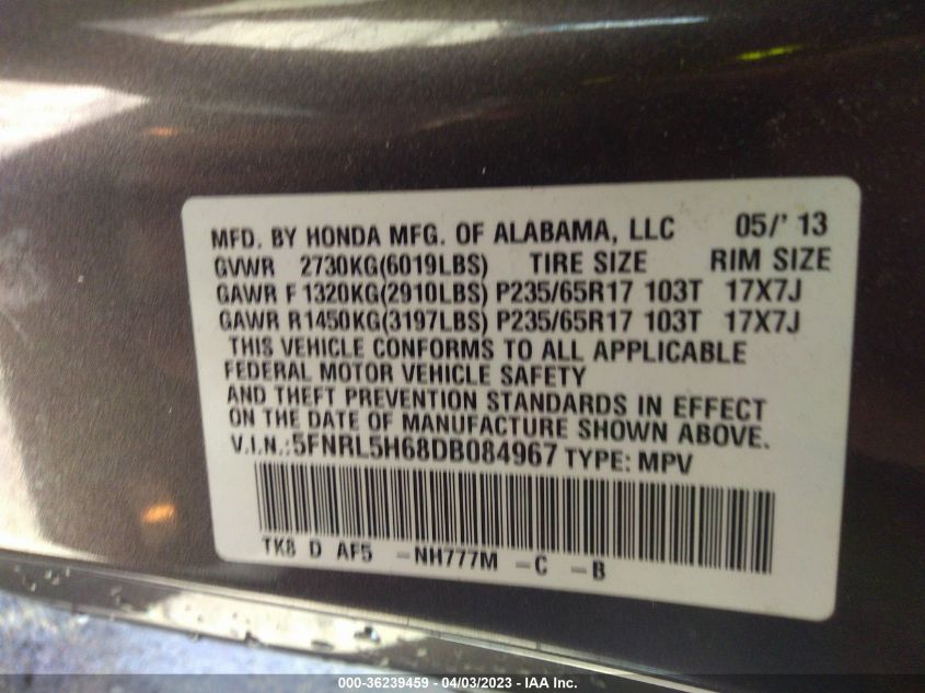 2013 HONDA ODYSSEY EX-L - 5FNRL5H68DB084967