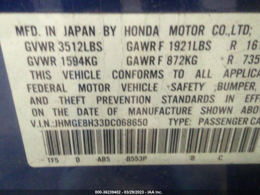 2013 HONDA FIT - JHMGE8H33DC068650