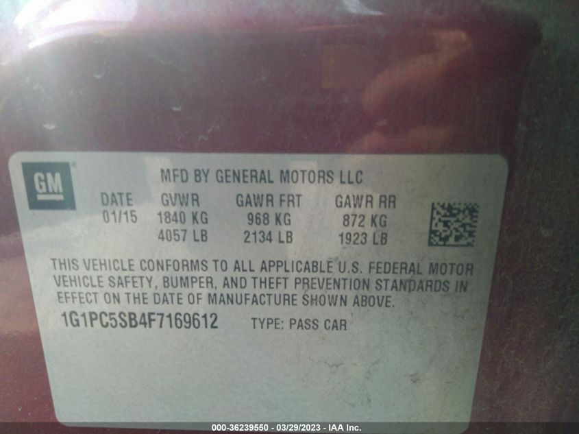 2015 CHEVROLET CRUZE LT - 1G1PC5SB4F7169612
