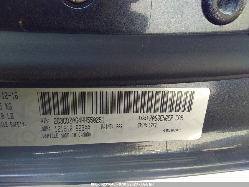 VIN 2C3CDZAG4HH550251 2017 DODGE CHALLENGER SXT