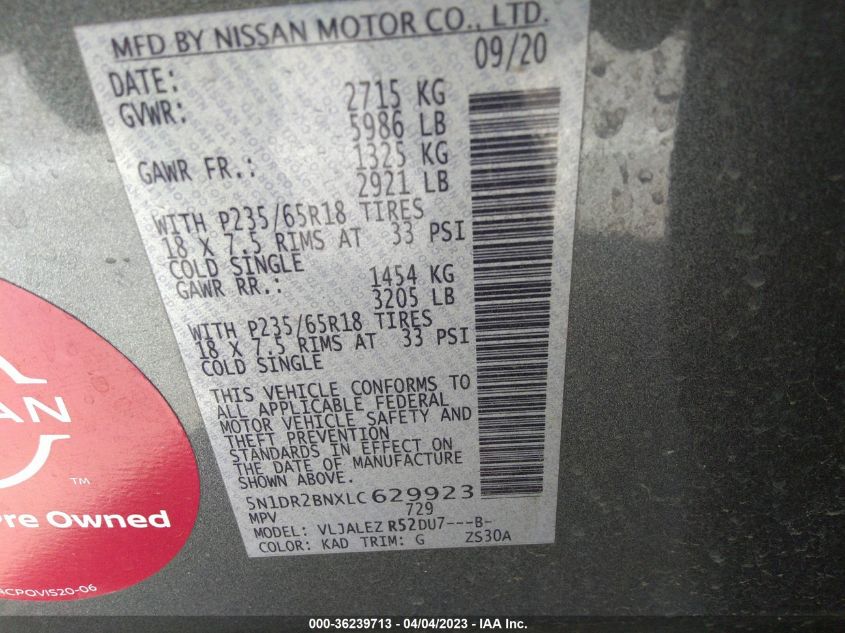 2020 NISSAN PATHFINDER SV - 5N1DR2BNXLC629923