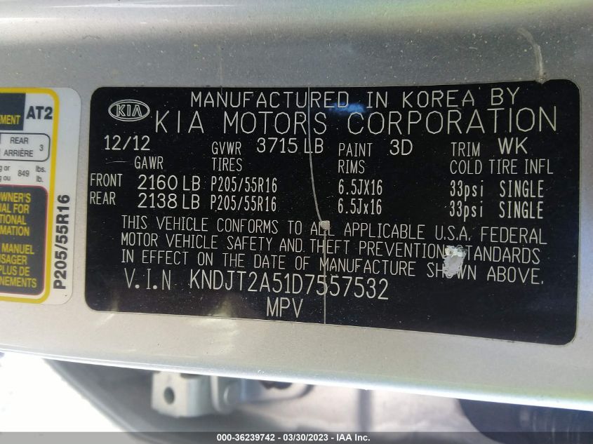 2013 KIA SOUL BASE - KNDJT2A51D7557532