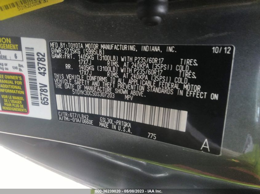 2013 TOYOTA SIENNA XLE AAS/XLE/LTD - 5TDYK3DC5DS307203