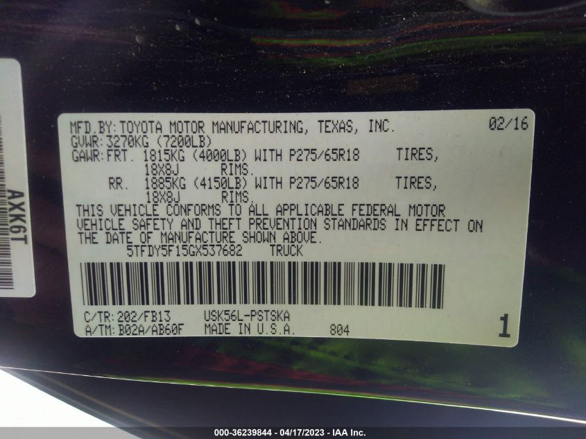 2016 TOYOTA TUNDRA 4WD TRUCK SR5/TRD PRO - 5TFDY5F15GX537682