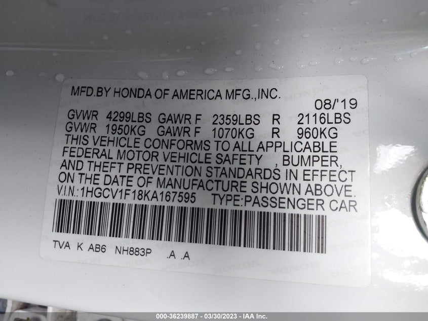 VIN 1HGCV1F18KA167595 2019 HONDA ACCORD SEDAN LX 1.5T