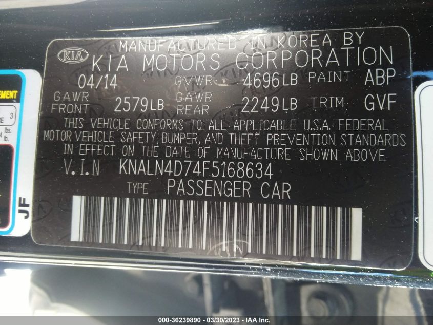 2015 KIA CADENZA PREMIUM KNALN4D74F5168634