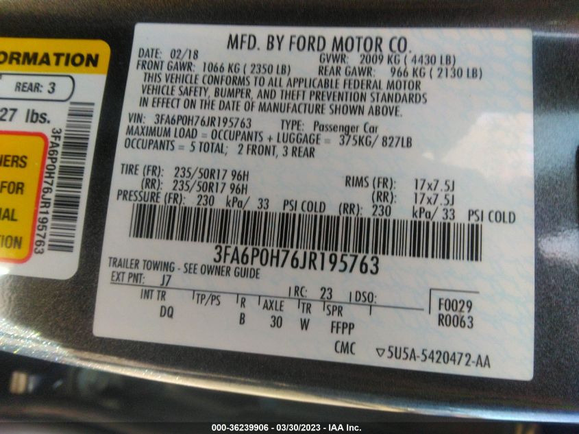 2018 FORD FUSION SE - 3FA6P0H76JR195763