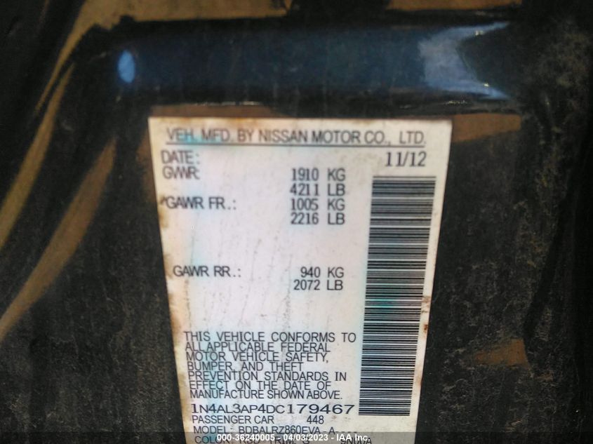 2013 NISSAN ALTIMA 2.5 S - 1N4AL3AP4DC179467