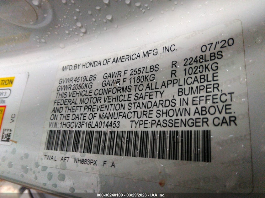 VIN 1HGCV3F16LA014453 2020 HONDA ACCORD HYBRID