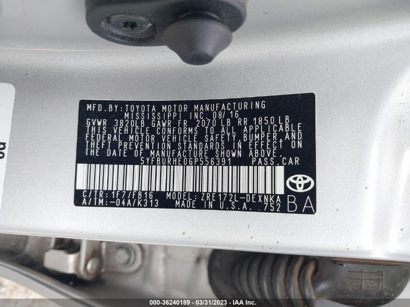 2016 TOYOTA COROLLA L/LE/S/S PLUS/LE PLUS - 5YFBURHE0GP556391