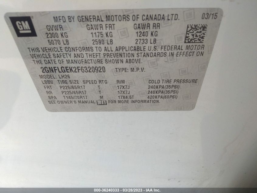 2015 CHEVROLET EQUINOX LT - 2GNFLGEK2F6320920