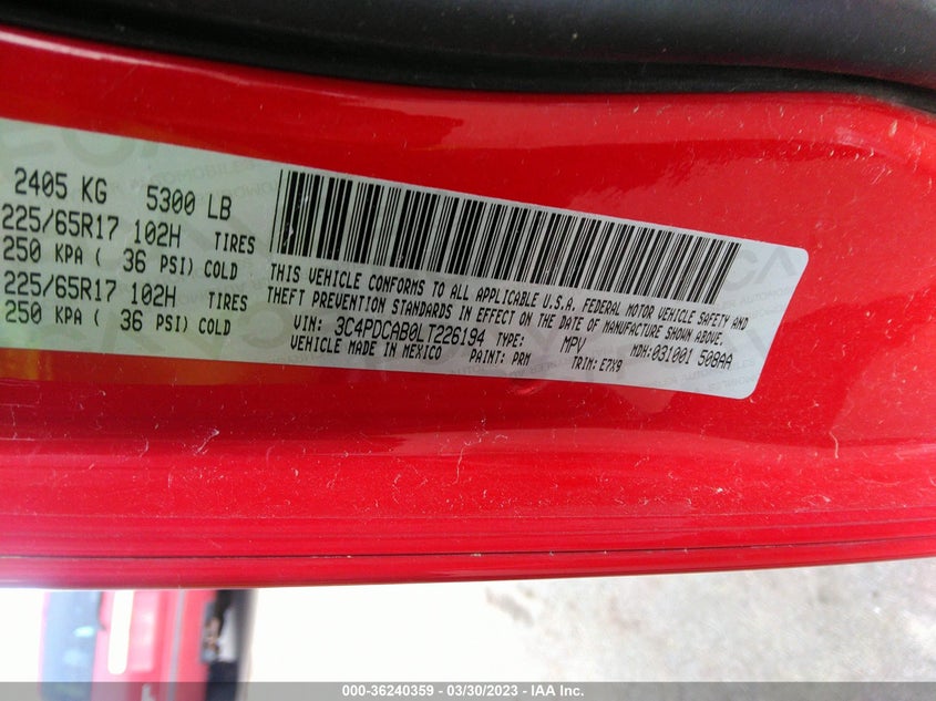 VIN 3C4PDCAB0LT226194 2020 DODGE JOURNEY SE VALUE