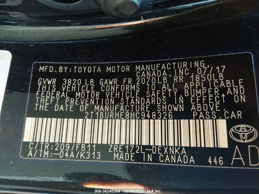 2017 TOYOTA COROLLA L/LE/XLE/SE - 2T1BURHE8HC948326