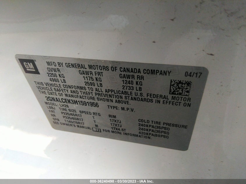 VIN 2GNALCEK3H1591956 2017 CHEVROLET EQUINOX LT