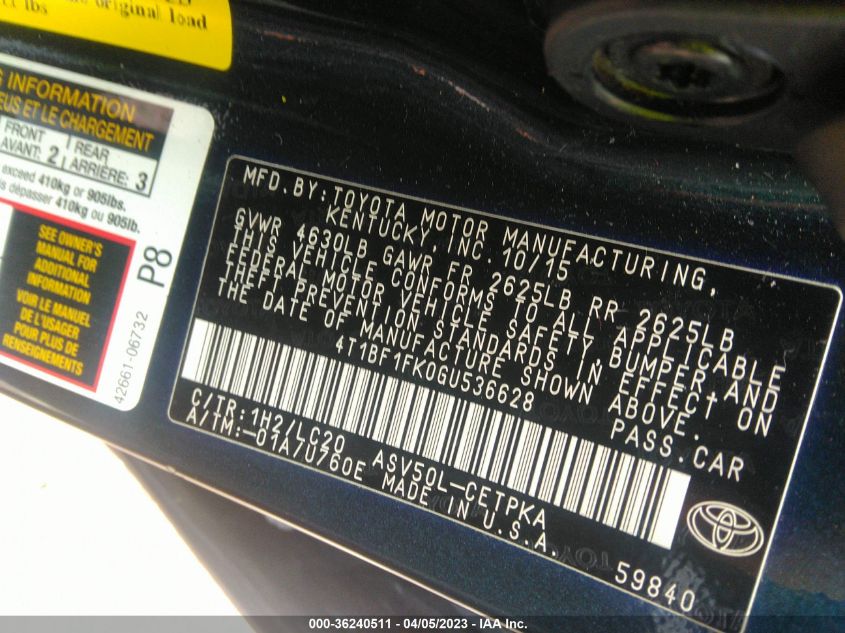 2016 TOYOTA CAMRY XLE/SE/LE/XSE - 4T1BF1FK0GU536628