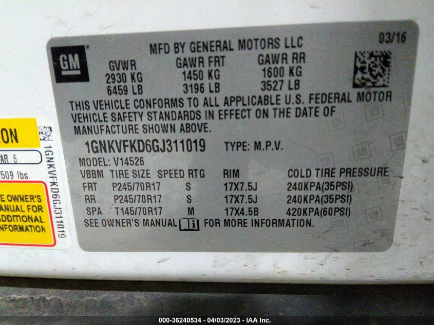 2016 CHEVROLET TRAVERSE LS - 1GNKVFKD6GJ311019