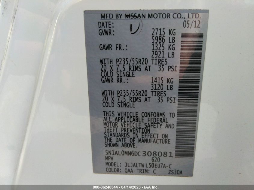 2013 INFINITI JX - 5N1AL0MN6DC308081