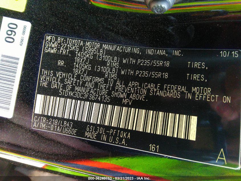 2015 TOYOTA SIENNA XLE/XLE AAS/LTD - 5TDYK3DC3FS674135