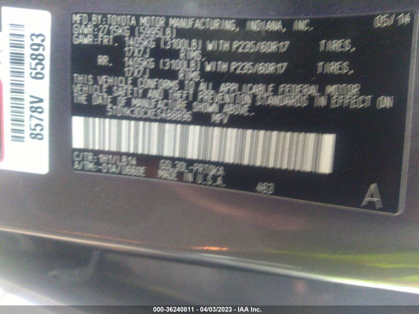 2014 TOYOTA SIENNA XLE/XLE AAS/LTD - 5TDYK3DCXES488896