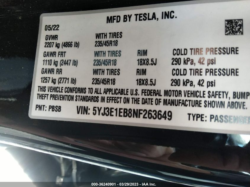2022 TESLA MODEL 3 LONG RANGE - 5YJ3E1EB8NF263649