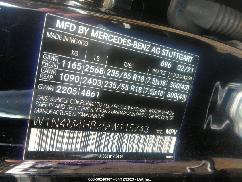 2021 MERCEDES-BENZ GLB GLB 250 - W1N4M4HB7MW115743