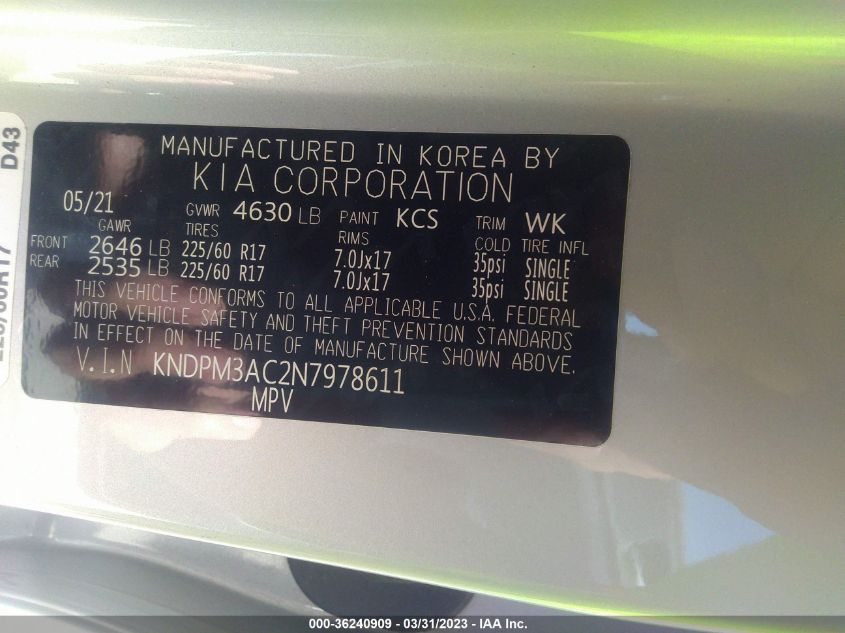 2022 KIA SPORTAGE LX - KNDPM3AC2N7978611