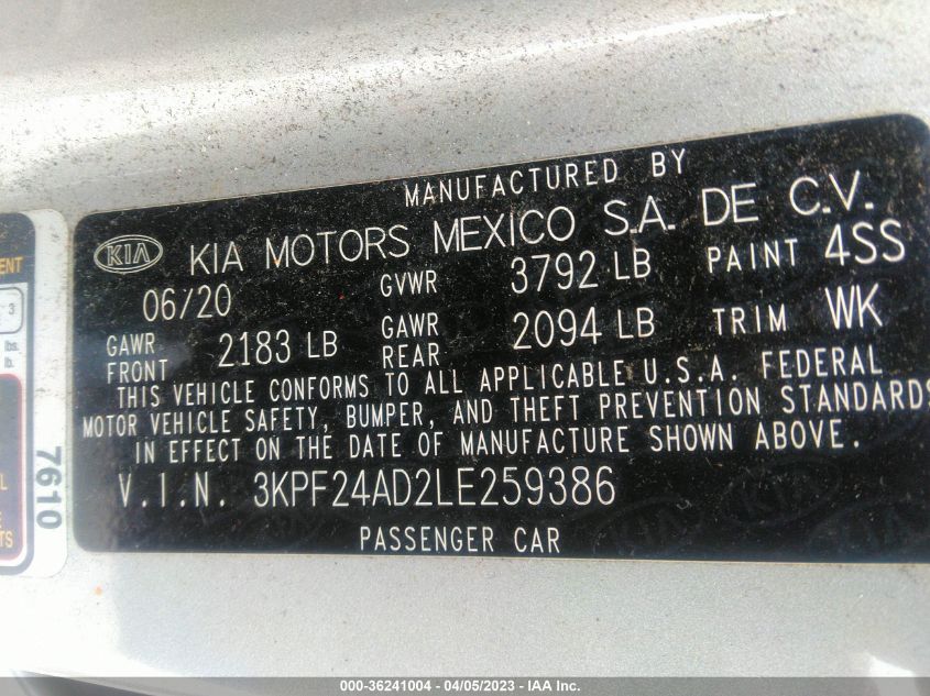 2020 KIA FORTE LXS - 3KPF24AD2LE259386