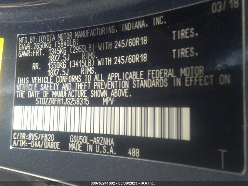 VIN 5TDZZRFH1JS258315 2018 TOYOTA HIGHLANDER LE