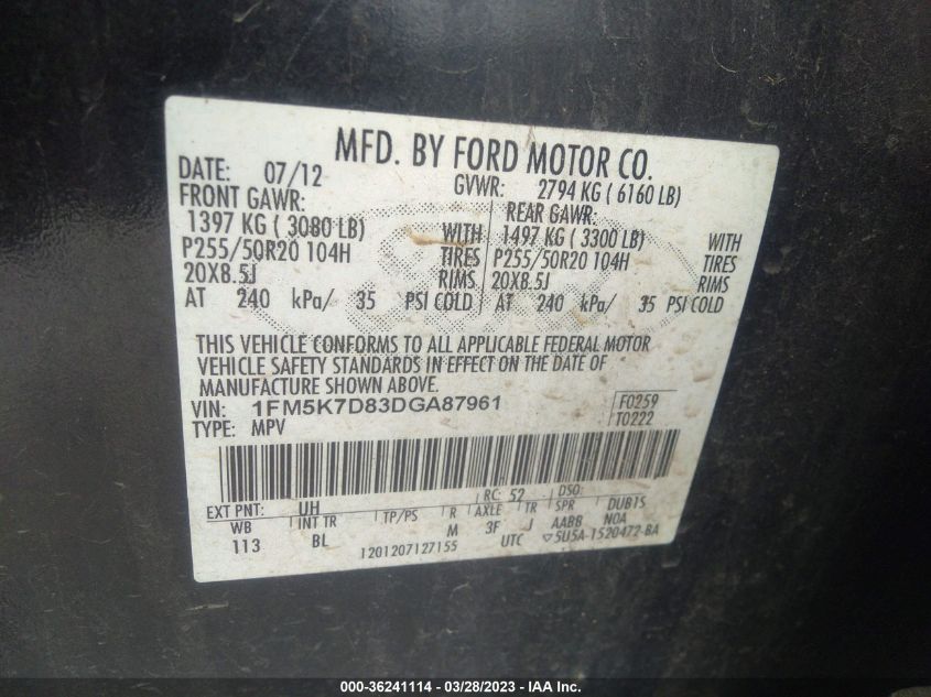 2013 FORD EXPLORER XLT - 1FM5K7D83DGA87961
