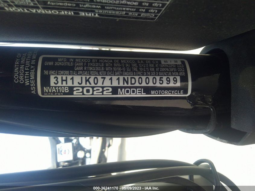 2022 HONDA NVA110 B - 3H1JK0711ND000599